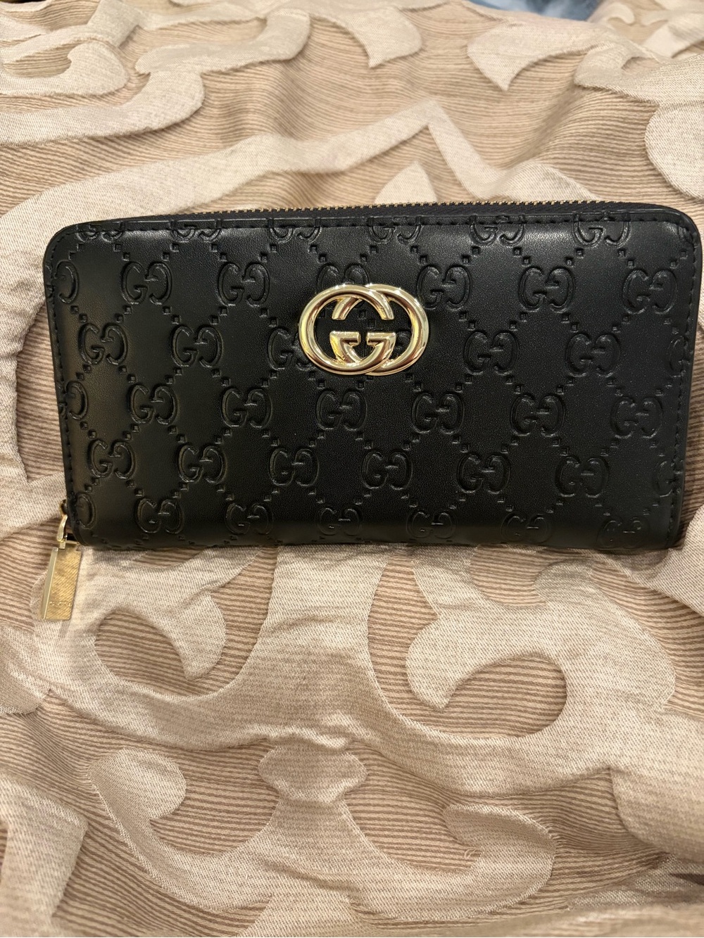 Gucci Black Wallet with Gold Tone Zipper Pull